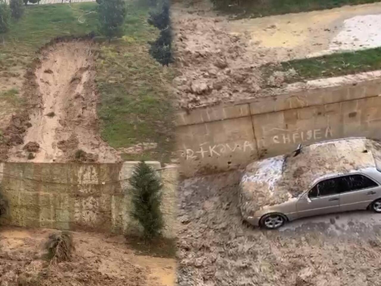 Bakıda torpaq sürüşdü, maşının üstünə töküldü  VİDEO