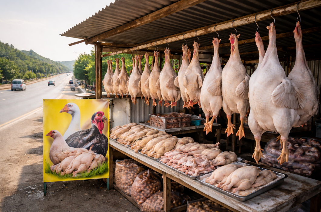 Yol kənarında "hinduşka" adı ilə şişirdilmiş toyuq satılır  FOTO